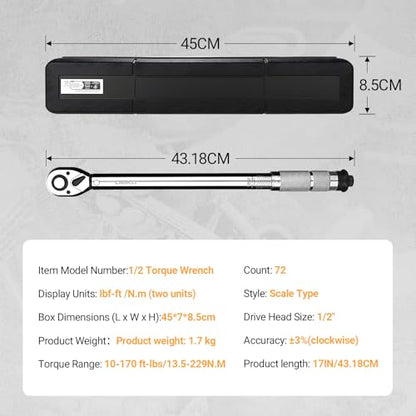DEKOPRO Torque Wrench 1/2 Inch Drive Click, 10-170 Ft-Lb/13.5-229 Nm Car Torque Wrench, ±3% High Precision, 72 Tooth Torque Wrenches with Dual-Direction Adjustable for Bicycle, Car, Moto - size: 1/2 Inch (10-170 ft.-lb.)