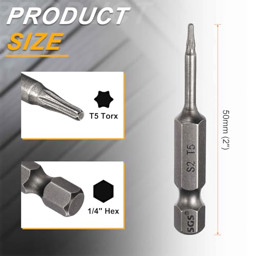HARFINGTON 10pcs T5 Torx Head Screwdriver Bit 1/4" Hex Shank 2" (50mm) Long Magnetic No Hole Tip Tamper Proof 6 Point Star Screw Driver Drill Bits S2 Steel Industrial Power Screwdrivers - size: T5 x 2"
