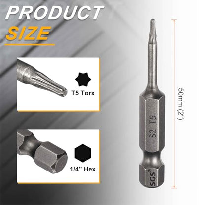HARFINGTON 10pcs T5 Torx Head Screwdriver Bit 1/4" Hex Shank 2" (50mm) Long Magnetic No Hole Tip Tamper Proof 6 Point Star Screw Driver Drill Bits S2 Steel Industrial Power Screwdrivers - size: T5 x 2"