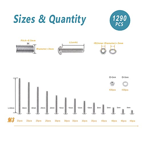 Kadrick 1290 Pcs M3 Metric Screw Aassortment,4mm-40mm Commonly Used 304 Stainless Steel Button Head Hex Socket Cap Bolts Nuts Washers Kit with Hex Wrench - size: SS M3 1290Pcs 4-40mm