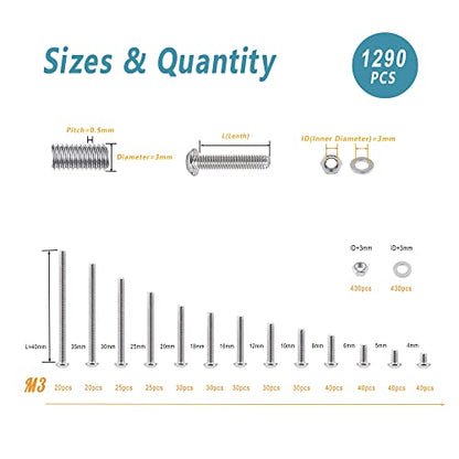 Kadrick 1290 Pcs M3 Metric Screw Aassortment,4mm-40mm Commonly Used 304 Stainless Steel Button Head Hex Socket Cap Bolts Nuts Washers Kit with Hex Wrench - size: SS M3 1290Pcs 4-40mm