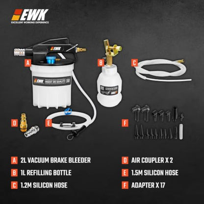EWK 23 Pcs Pneumatic Brake Bleeder Kit, 2L Vacuum Pump & 1L Refilling Bottle | One-Person Brake Fluid Flush System for Cars, Motorcycles, Trucks & ABS Systems