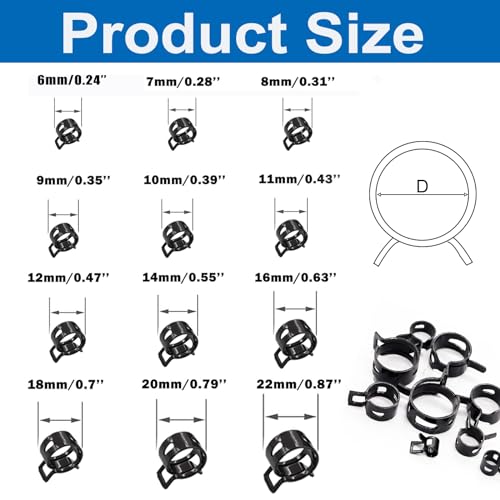 Tnisesm 140 Pcs 12Values 6-22mm Spring Hose Clamp Assortment Kits Silicone Vacuum Hose Action Low Pressure Air Clip Clamp Hoses Clamps sleeving(Black) - size: 140Pcs-12 Sizes-BK
