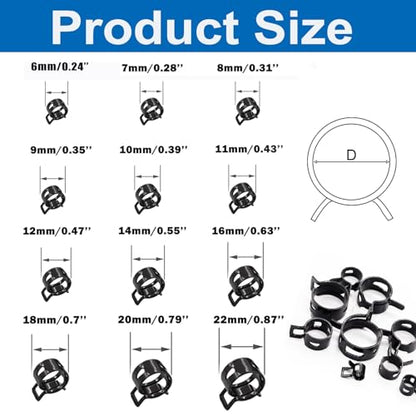Tnisesm 140 Pcs 12Values 6-22mm Spring Hose Clamp Assortment Kits Silicone Vacuum Hose Action Low Pressure Air Clip Clamp Hoses Clamps sleeving(Black) - size: 140Pcs-12 Sizes-BK