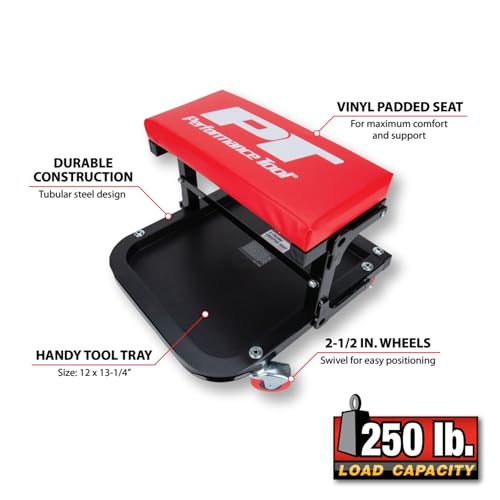 Performance Tool W85021 Folding C-Frame Creeper Rolling Work Seat with Tool Tray for Mechanic Garages and Workshops, Black/Red, 12.5-inch Height - style: C-Frame Seat (Folding)