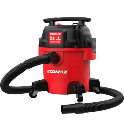 ECOMAX Ultra Quiet Shop Vacuum Wet and Dry 5 Gallon 4 HP | 80% Quieter Operation, 3X Longer Lifespan, Powerful Sunction & Portable Design for Garage, Workshop & Jobsite (EM18421P-5A)
