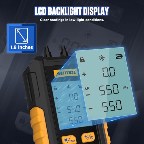 AUTOOL Manometer Gas Pressure Tester, Digital Manometer HVAC, 6 Units Differential Dual Port Pressure Gauge -101 to 200Kpa, Data Zeroing with Backlight LCD Display