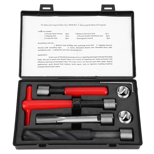 M16x1.5 Helicoil Thread Repair Kit,11PCS Thread Repair Kit, Portable Metric Inserts Repairs Kits for Damaged Thread Repairing
