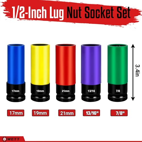 WETT 1/2-Inch Drive Lug Nut Socket Set, 5-Piece Wheel Protector Thin Wall Deep Impact Socket with Color-Coded Protective, (Metric 17mm, 19mm, 21mm & SAE 13/16" 7/8") CR-V Steel, 6 Point, Non-Marring - size: 5Pcs Metric & SAE