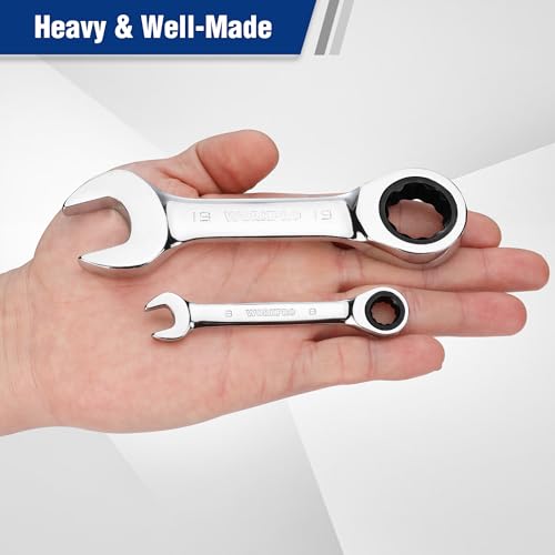 WORKPRO 12-piece Stubby Ratcheting Wrench Set, Metric 8-19mm, 72-Tooth, Cr-V Steel, Small Ratchet Combination Wrenches Set with Premium Storage Case