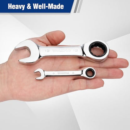 WORKPRO 12-piece Stubby Ratcheting Wrench Set, Metric 8-19mm, 72-Tooth, Cr-V Steel, Small Ratchet Combination Wrenches Set with Premium Storage Case