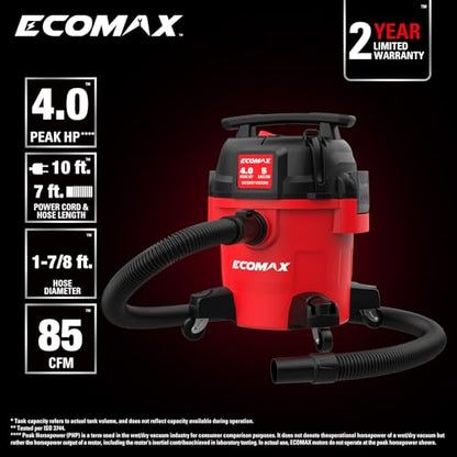 ECOMAX Ultra Quiet Shop Vacuum Wet and Dry 5 Gallon 4 HP | 80% Quieter Operation, 3X Longer Lifespan, Powerful Sunction & Portable Design for Garage, Workshop & Jobsite (EM18421P-5A)