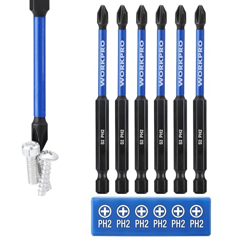WORKPRO 6pcs PH2 Impact Phillips Screwdriver Bit Set, S2 Professional CNC Anti-Slip Magnetism Bits, 1/4" Hex-Shank #2 Phillips Impact Driver Bits, 4" Long Impact Screwdriving Bits with Holder - size: 4 in