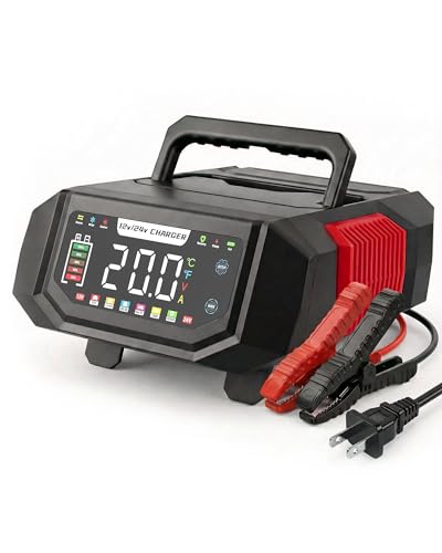 1-20A Smart Battery Charger, 12V/24V Automatic Automotive Battery Maintainer & Desulfator with Temperature Compensation, Adjustable Amp Trickle Charger for Lead-Acid, AGM, Gel, LiFePO4 - color: Red