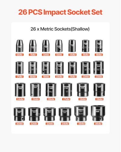 VEVOR 1/2" Drive Impact Socket Set 26-Piece, Metric (10-36mm) Sizes Standard Socket Set CR-V Material for High Durability Impact Wrench - style: 1/2" 26PCS