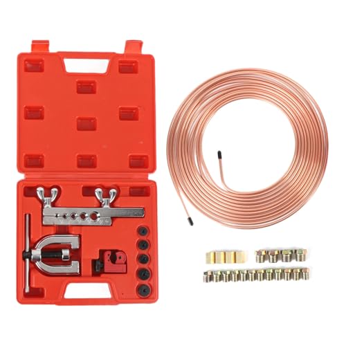 Brake Line Flaring Tool Kit, Double and Single Flaring Tool Kit 1/4 Copper Coated Brake Line with 5 Adapters for Water Refrigeration HVAC Applications