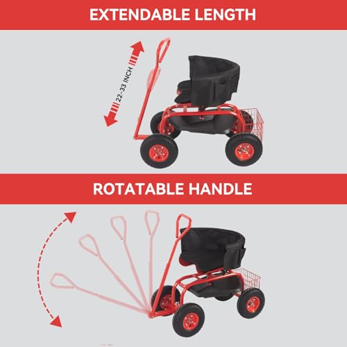 Kinfant Garden Seat with Ergonomic Backrest – Rolling Garden Stool with Height Adjustable & 360° Swivel Seat with Wheels, Gardening Cart Bench, Tool Storage, for Yard, Patio Red - color: With Backrest-red