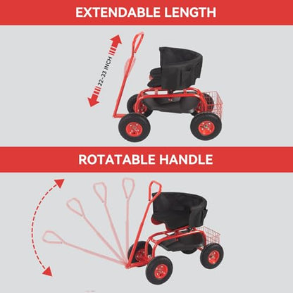 Kinfant Garden Seat with Ergonomic Backrest – Rolling Garden Stool with Height Adjustable & 360° Swivel Seat with Wheels, Gardening Cart Bench, Tool Storage, for Yard, Patio Red - color: With Backrest-red