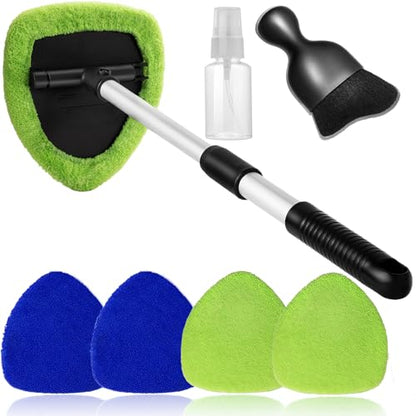 Qydipclin 7pcs Windshield Cleaner Tool Car Window Cleaning Wash Kit with 4 Reusable Microfiber Pads 1 Spray Bottle and Extendable Handle Auto Glass Wiper Kit, Blue&Green - color: Blue & Green