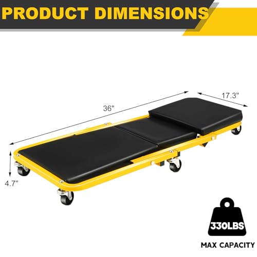Low Profile Creeper with 6 Swivel Casters and Waterproof Seat Cushion, 36" Foldable Creeper for Garage Shop Warehouse, 2 in 1 Under Car Creeper Seat 330lbs Max Weight Capacity, Yellow