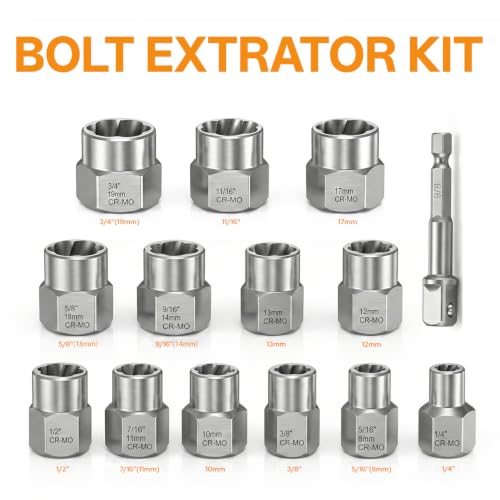 14PCS Bolt Extractor Kit, 3/8" Drive Bolt & Nut Remover Set, Cr-Mo Easy Out Tool with Storage Case for Stripped, Rusted, Rounded and Damaged Bolts, Nuts & Screws