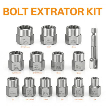14PCS Bolt Extractor Kit, 3/8" Drive Bolt & Nut Remover Set, Cr-Mo Easy Out Tool with Storage Case for Stripped, Rusted, Rounded and Damaged Bolts, Nuts & Screws