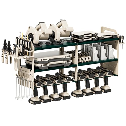 Mens Gifts, Large Power Tool Organizer Wall Mount, Drill Holder for Tool Storage, Tool Holder Storage Rack for Garage Organization, Heavy Duty Metal Tool Shelf Loads 500Lbs (Green & Sand) - color: Green&Sand