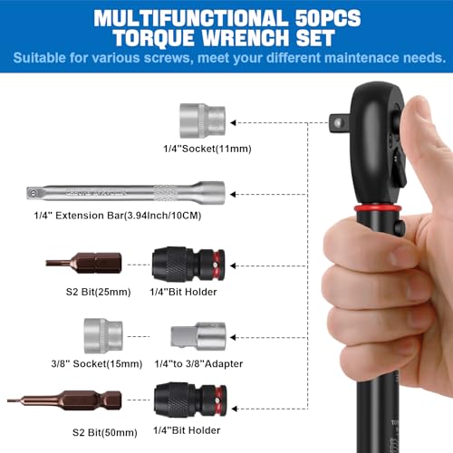 SUERCUP 3-25Nm 1/4" Torque Wrench 50 PCS Set | 72 Tooth Drive Click Torque Wrench, S2 Bit Sockets, 1/4" Extension Bar & 3/8" Adapter, Bicycle/Moto Maintenance & DIY - size: 1/4" 3-25N.m 50PCS