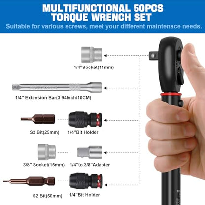 SUERCUP 3-25Nm 1/4" Torque Wrench 50 PCS Set | 72 Tooth Drive Click Torque Wrench, S2 Bit Sockets, 1/4" Extension Bar & 3/8" Adapter, Bicycle/Moto Maintenance & DIY - size: 1/4" 3-25N.m 50PCS