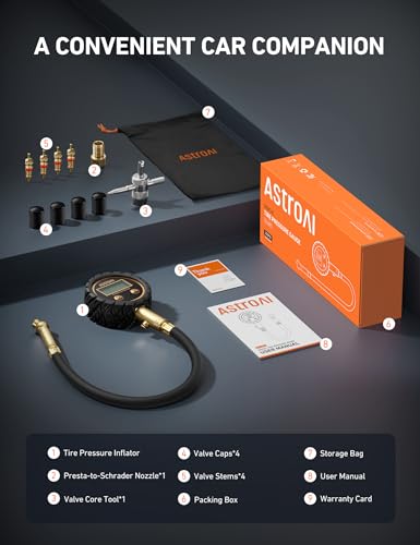 AstroAI Tire Pressure Gauge for Cars with Backlit LED, Solid Brass with Rubber Hose, Air Bleeder Valve, ANSI B40.7 Grade 2A(±0.5%), 3-250PSI - size: 3-250PSI