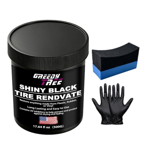 Shiny Black Tire Renovator, The Perfect Deep Black Shine - Long Lasting Car Tire Dressing - No Sling & Dry to Touch, Kit with Applicator and waxing Gloves