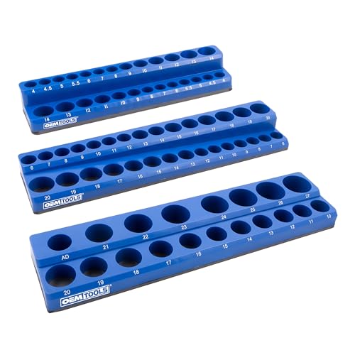OEMTOOLS 22486 3 Piece Metric Magnetic Socket Tray Set, Magnetic Socket Organizer Holds Up to 75 Sockets in 1/4", 3/8", and 1/2" Sizes, Blue Magnetic Socket Holders - style: 3Pc Blue