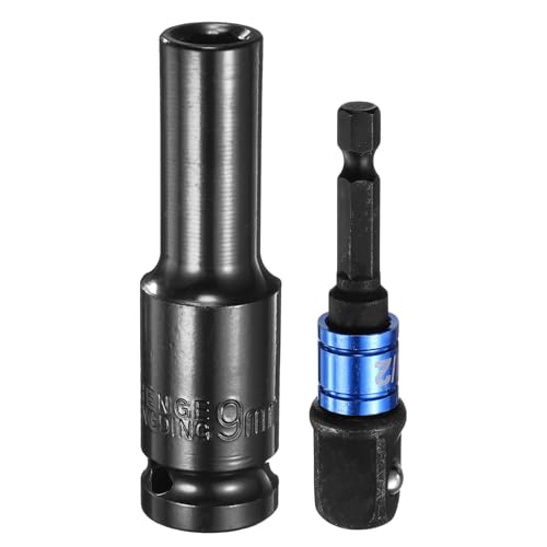 HARFINGTON Deep 6-Point Impact Socket 1/2" Drive 9mm Metric Socket 3" Length with 1/4" Hex Shank Adapter, CR-V Steel Socket Adapter Accessory Tool Set Kit for Hex Bolts Nuts - size: 9mm