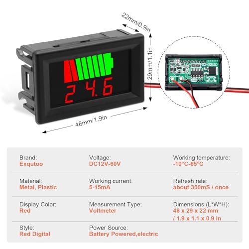 Exqutoo 2Pack DC 12V 24V 36V 48V 60V Battery Indicator Voltage Meter | 2 in 1 Battery Capacity and Voltage Monitor Red Display Battery Voltage Reader