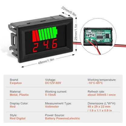 Exqutoo 2Pack DC 12V 24V 36V 48V 60V Battery Indicator Voltage Meter | 2 in 1 Battery Capacity and Voltage Monitor Red Display Battery Voltage Reader