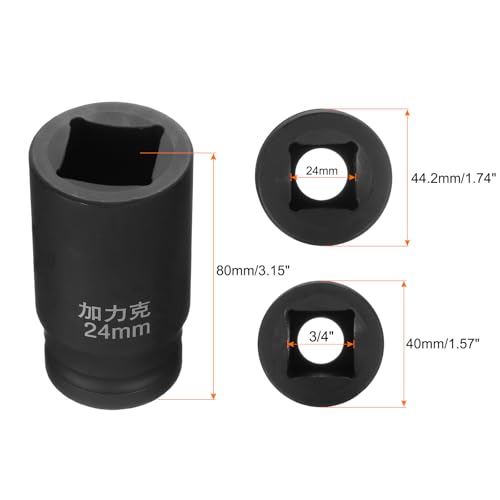 HARFINGTON 4 Point Square Socket 3/4" Drive by 24mm Metric Square Impact Socket 40CR Blackening Standard Wheel Sockets Pneumatic Socket Tool for Auto Repair Mechanical Maintenance Home Use - size: 24mm