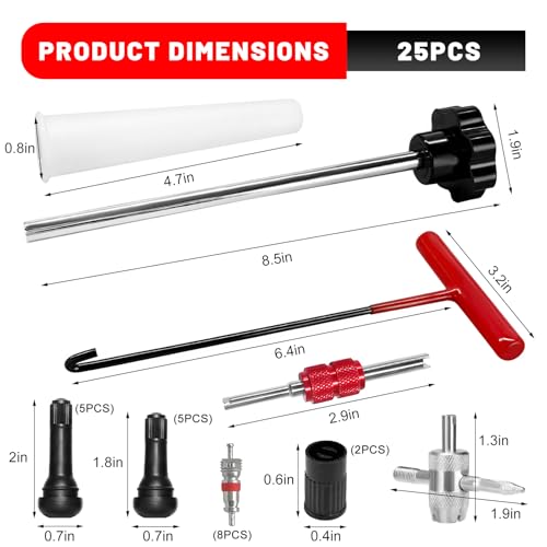 25PCS Valve Stem & Core Removal Replacement Tool Kit, Heavy Duty Tire Core Removers with 5 TR413/5 TR414 Stems, Valve Cores Stems Caps Removal Tool Kit for Car Motorcycle ATV
