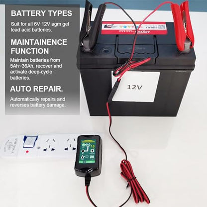 12V / 6V Battery Trickle Charger Maintainer, 1.5A Automatic Smart Float Charger Battery Charger for Motorcycle Lawn Mower Car Boat Tractor ATV, SLA VRLA Gel Cell AGM Lead Acid Batteries