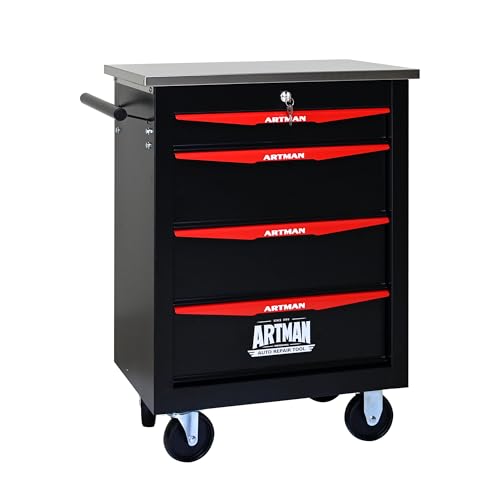 4 Drawers Tool Chest on Wheels, Stainless Steel Countertop Multifunctional Rolling Tool Storage Cart, Drawer Rolling Trolley Organizer Tool Box for Garage,Workshop(4 Drawers-Black) - color: Black, size: 4 Drawers 22.2"Wx13.58"Dx30.7"H