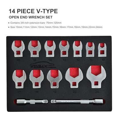3/8" Drive Crows Foot Wrench Set, 14PCS Metric Flare Nut Crowfoot Wrench Set with 2 Extension Bars, 10-24mm