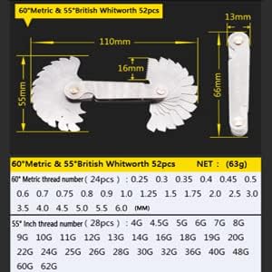 Thread Pitch Gauges Measure Tool Set,Stainless Steel Thread Gauges, Metric & Imperial Screw Gauge SAE Whitworth 55 Degree & Metrisch 60 Degree Thread Pitch Gauge for Industrial Measurement - color: 1P