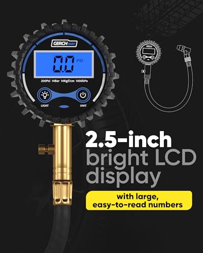 GERCHWAY Digital Tire Pressure Gauge 200 PSI - Accurate Air Pressure Gauge for Tires with Easy-to-Read Numbers & 45° Angle Chuck