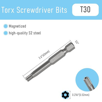 5PCS T30 Magnetic Tamper Proof Torx Screwdriver Bits, 1/4 Inch Hex Shank 2.6 Inch Length S2 Steel Security Drill Torx Head Drill Screw Driver Tools(65mm Long, Star 6 Point) - size: T30
