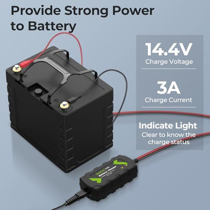 RoyPow 12V Battery Charger 3-Amp Automatic Smart Battery Maintainer, Trickle Charger, and Battery Desulfator with Alligator Clamp and Ring Terminal