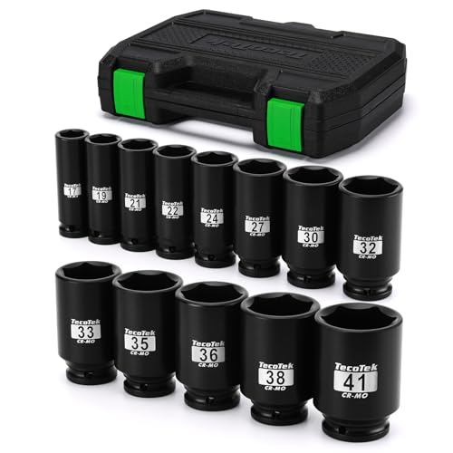TecoTek 1/2" Drive Deep 6-Point Impact Socket Set, 13-Piece Spindle Axle Nut Impact Socket Set, Cr-Mo, Metric (17mm to 41mm), Enhanced Storage Case - size: 11/16-Inch to 1-5/8-Inch (13 pieces)