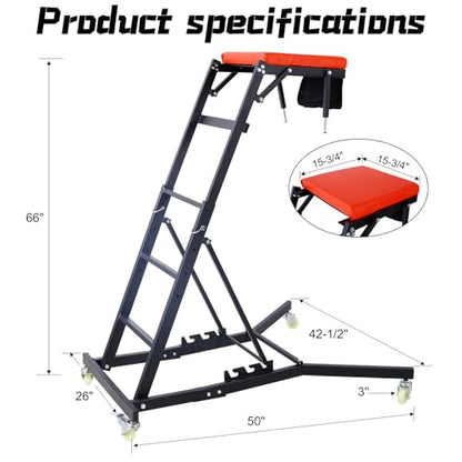 Adjustable Automobile Topside Creeper 42.5"-66" High Range with Wheels & Tool Pouch & Padded Deck, 330 Lbs Capacity, Foldable Automotive Engine Creeper for Trucks Garage Auto Repair Maintenance