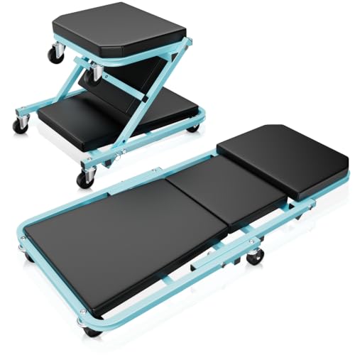 Auto Dynasty 36" Z-Creeper Seat, 2-in-1 Foldable Garage Creeper Shop Seat, 330 LBS Capacity Automotive Mechanic Repair Under Car Rolling Creeper Seat, Sky Blue - color: Sky Blue, size: 36 Inch
