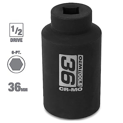 OEMTOOLS 1/2 Inch Drive 36mm Axle Nut Socket for Automotive Maintenance | CR-MO 36mm Impact Socket, Black Oxide Finish to Resist Rust, 6 Pt. 36mm Socket, Use for Tune-Ups - size: 36 mm