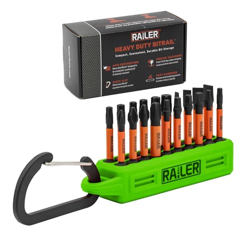 Railer 20pc Impact Driver Bit Set - Premium S2 Steel Screwdriver Bits with Torx, Hex, Phillips, Square & Slotted - Heavy Duty 1/4" Hex Shank Bits with Crushproof Storage Bit Holder & Carabiner Clip - color: Hi-vis Green Bitrail