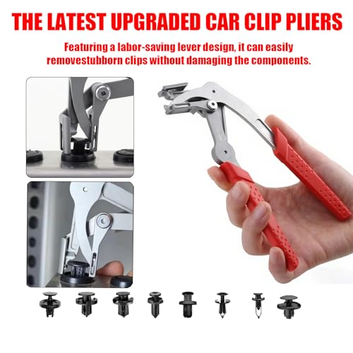 Car Clip Pliers Trim Removal Tool, Spring-Loaded Fastener Rivet Remover, Damage-Free Auto Door Panel & Interior Exterior Trim Disassembly Tool, 17-4 Stainless Steel (Red)